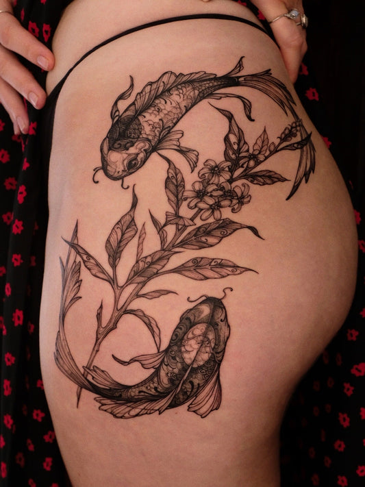 B-008 : Two Koi, On laurel branch